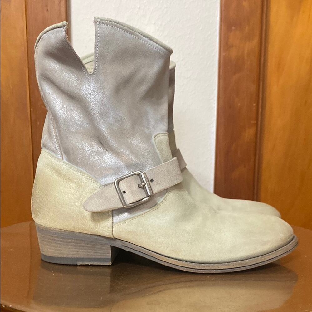 Pantanetti Italian Leather Cowboy Boots Ankle Cream Heeled Buckle Rodeo Festival